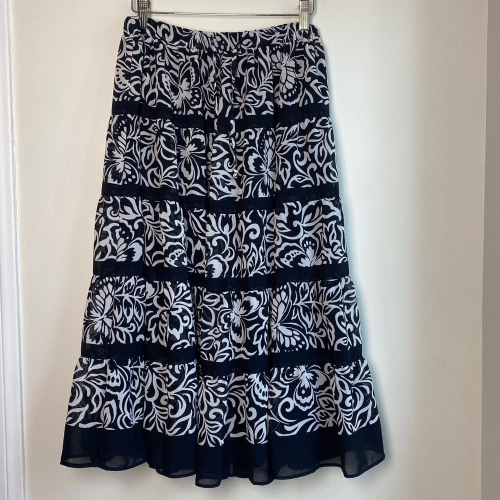Alfred Dunner Tiered Midi Skirt Womens 10P Black White Floral Elastic Waist Boho
